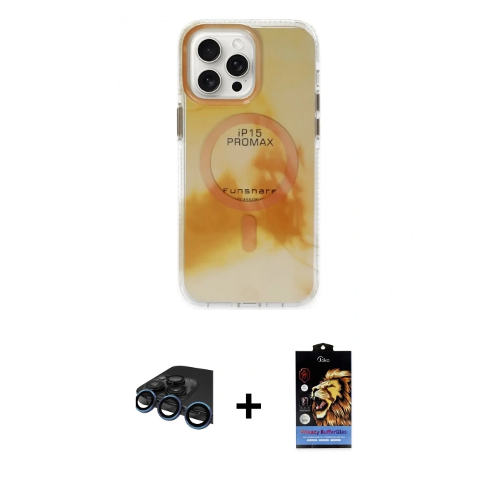 MARSİLYAN™- iPhone 15 Pro Max Kılıf Ufuk Doku Prime - Siyah Buffer Hayalet Cam Ekran Koruyucu + Raze Metal Kamera Lens - LT