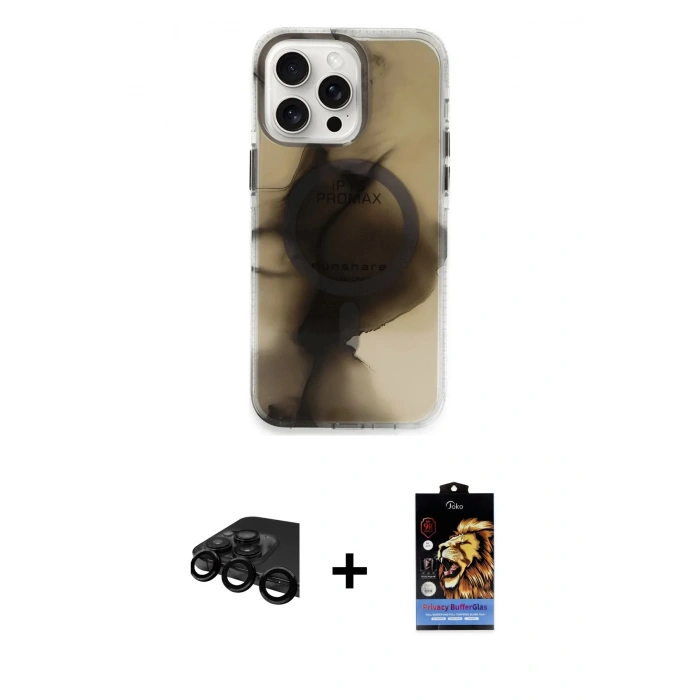 MARSİLYAN™- iPhone 15 Pro Max Kılıf Ufuk Doku Prime - Siyah Buffer Hayalet Cam Ekran Koruyucu + Raze Metal Kamera Lens - SH