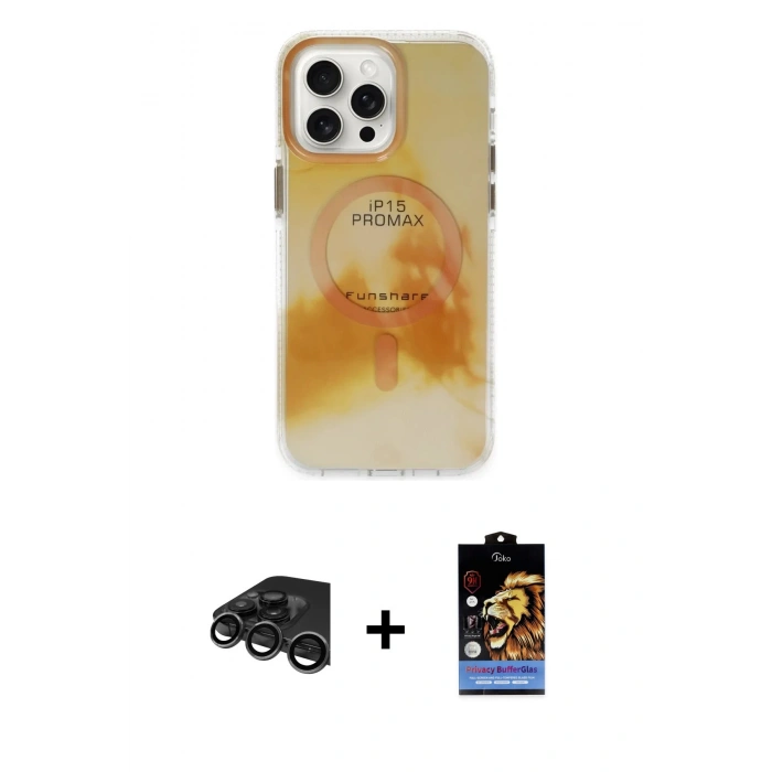 MARSİLYAN™- iPhone 15 Pro Max Kılıf Ufuk Doku Prime - Siyah Buffer Hayalet Cam Ekran Koruyucu + Raze Metal Kamera Lens - TMGI