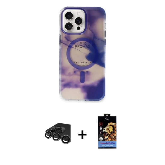 MARSİLYAN™- iPhone 15 Pro Max Kılıf Ufuk Doku Prime - Siyah Buffer Hayalet Cam Ekran Koruyucu + Raze Metal Kamera Lens - TMGI