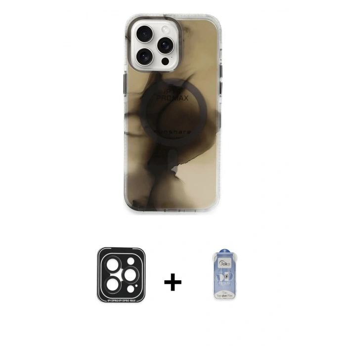 MARSİLYAN™- iPhone 15 Pro Max Kılıf Ufuk Doku Prime - Siyah Joko Magic 5D Cam + PVD Metal Kamera Lens - SH