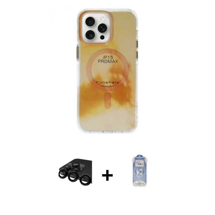 MARSİLYAN™- iPhone 15 Pro Max Kılıf Ufuk Doku Prime - Siyah Joko Magic 5D Cam + Raze Metal Kamera Lens - SH
