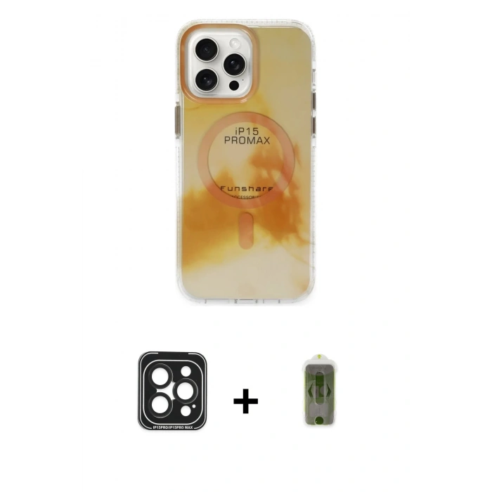 MARSİLYAN™- iPhone 15 Pro Max Kılıf Ufuk Doku Prime - Siyah Joko Magic 5D Hayalet Cam + PVD Metal Kamera Lens - SH