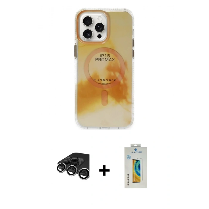 MARSİLYAN™- iPhone 15 Pro Max Kılıf Ufuk Doku Prime - Siyah Polymer Nano Ekran Koruyucu + Raze Metal Kamera Lens - GS