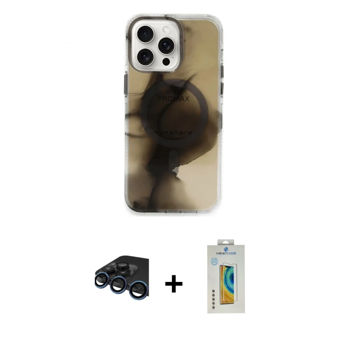 MARSİLYAN™- iPhone 15 Pro Max Kılıf Ufuk Doku Prime - Siyah Polymer Nano Ekran Koruyucu + Raze Metal Kamera Lens - LT