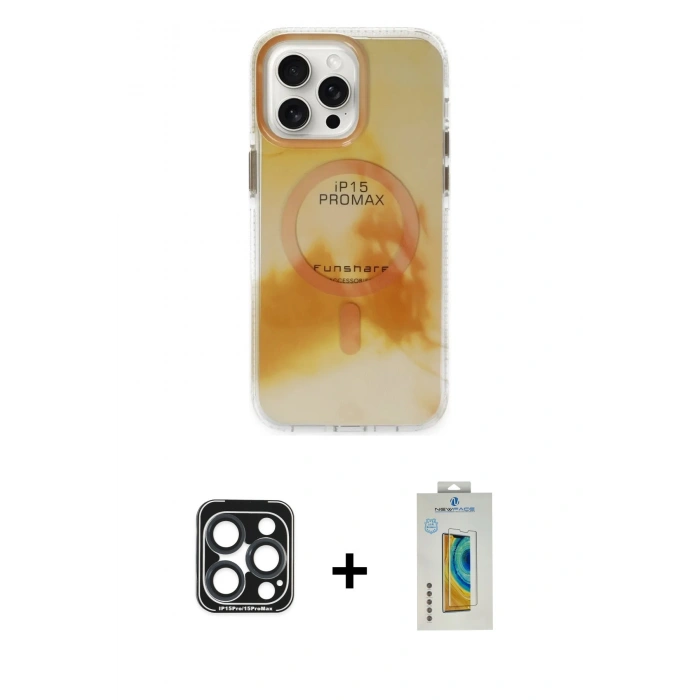 MARSİLYAN™- iPhone 15 Pro Max Kılıf Ufuk Doku Prime - Siyah Polymer Nano Ekran Koruyucu + PVD Metal Kamera Lens - LT