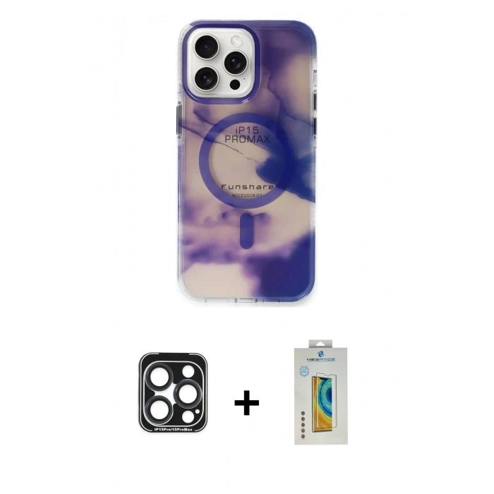 MARSİLYAN™- iPhone 15 Pro Max Kılıf Ufuk Doku Prime - Siyah Polymer Nano Ekran Koruyucu + PVD Metal Kamera Lens - LT