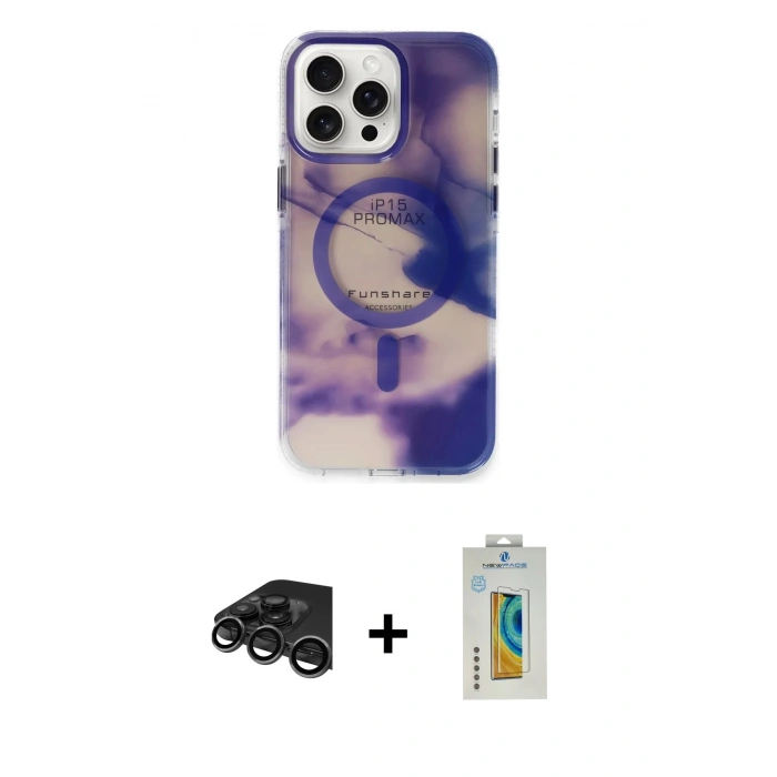 MARSİLYAN™- iPhone 15 Pro Max Kılıf Ufuk Doku Prime - Siyah Polymer Nano Ekran Koruyucu + Raze Metal Kamera Lens - TMGI