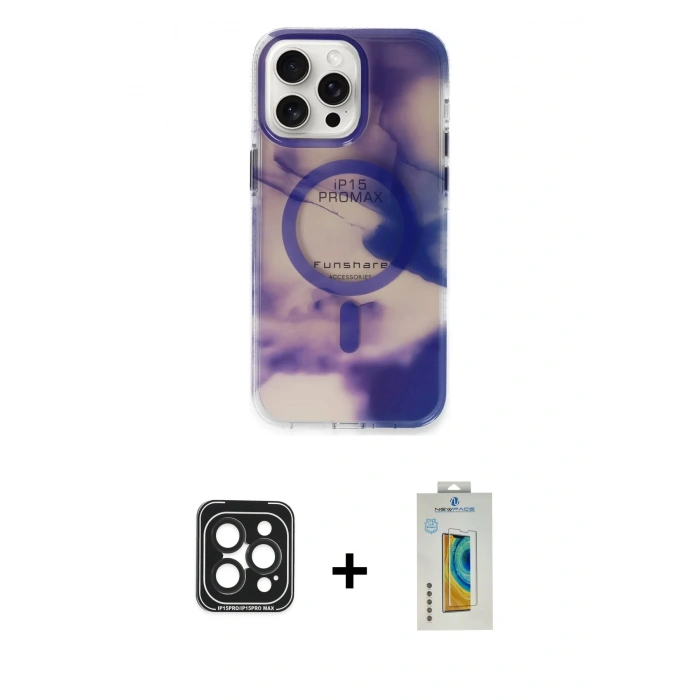 MARSİLYAN™- iPhone 15 Pro Max Kılıf Ufuk Doku Prime - Siyah Polymer Nano Ekran Koruyucu + PVD Metal Kamera Lens - SH