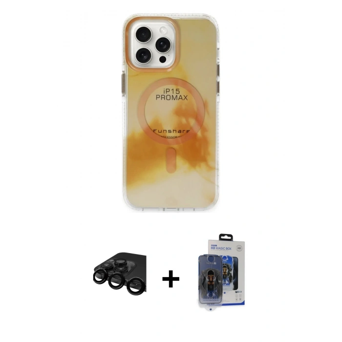 MARSİLYAN™- iPhone 15 Pro Max Kılıf Ufuk Doku Prime - Siyah Vanessa Magic Cam + Raze Metal Kamera Lens - SH