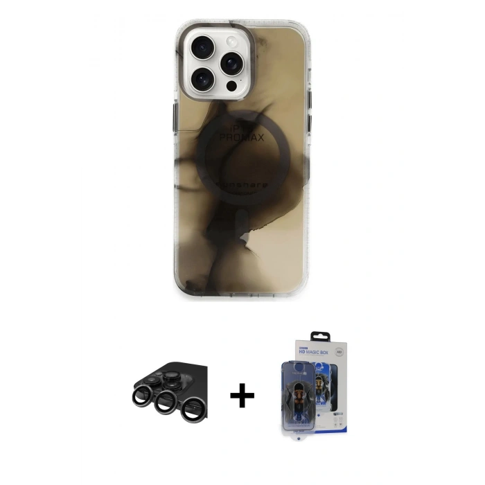MARSİLYAN™- iPhone 15 Pro Max Kılıf Ufuk Doku Prime - Siyah Vanessa Magic Cam + Raze Metal Kamera Lens - TMGI