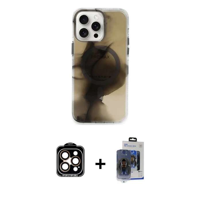MARSİLYAN™- iPhone 15 Pro Max Kılıf Ufuk Doku Prime - Siyah Vanessa Magic Cam + Turuncu PVD Metal Kamera Lens