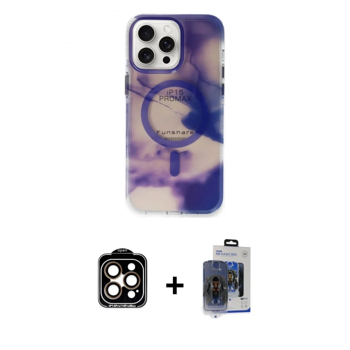 MARSİLYAN™- iPhone 15 Pro Max Kılıf Ufuk Doku Prime - Siyah Vanessa Magic Cam + Turuncu PVD Metal Kamera Lens