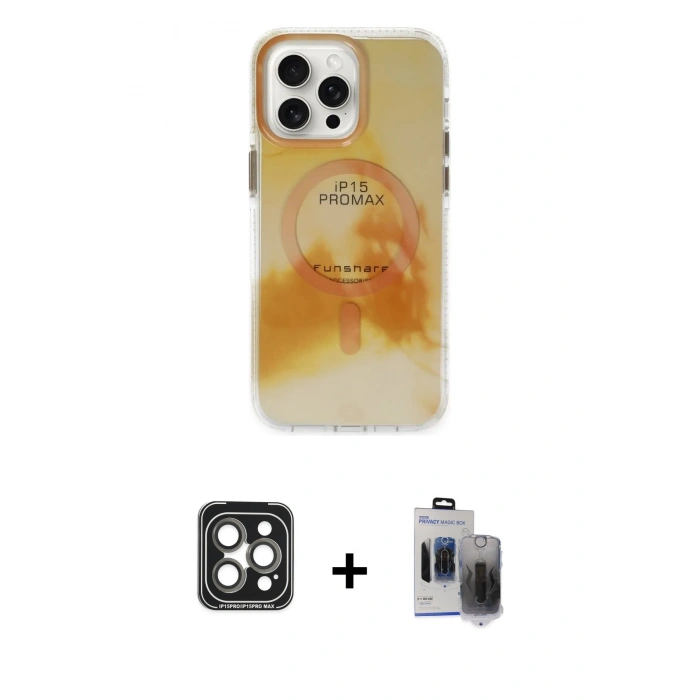 MARSİLYAN™- iPhone 15 Pro Max Kılıf Ufuk Doku Prime - Siyah Vanessa Magic Hayalet Cam + PVD Metal Kamera Lens - GI
