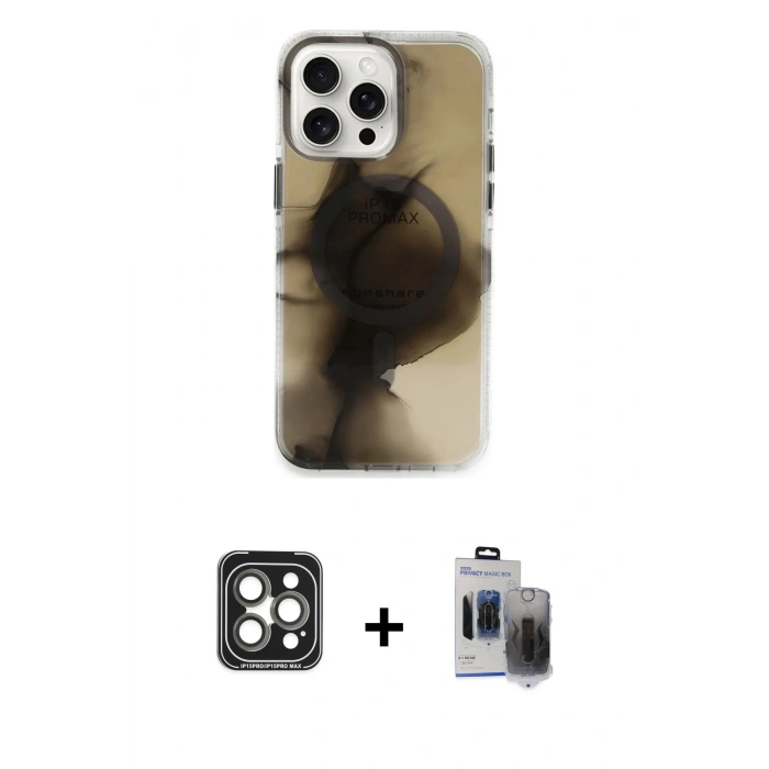MARSİLYAN™- iPhone 15 Pro Max Kılıf Ufuk Doku Prime - Siyah Vanessa Magic Hayalet Cam + PVD Metal Kamera Lens - GI