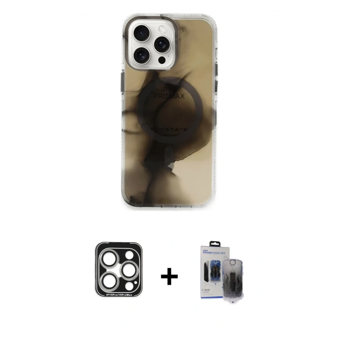 MARSİLYAN™- iPhone 15 Pro Max Kılıf Ufuk Doku Prime - Siyah Vanessa Magic Hayalet Cam + PVD Metal Kamera Lens - GS