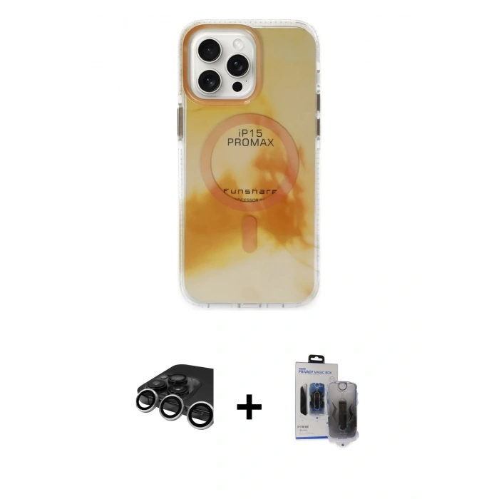 MARSİLYAN™- iPhone 15 Pro Max Kılıf Ufuk Doku Prime - Siyah Vanessa Magic Hayalet Cam + Raze Metal Kamera Lens - GS