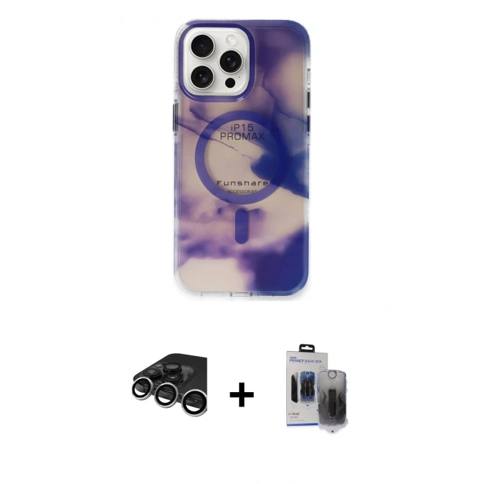MARSİLYAN™- iPhone 15 Pro Max Kılıf Ufuk Doku Prime - Siyah Vanessa Magic Hayalet Cam + Raze Metal Kamera Lens - GS