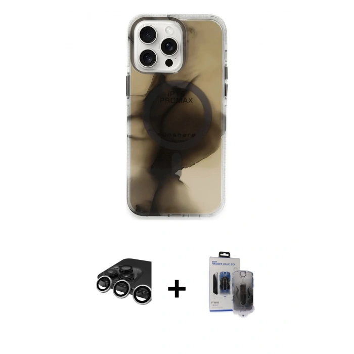 MARSİLYAN™- iPhone 15 Pro Max Kılıf Ufuk Doku Prime - Siyah Vanessa Magic Hayalet Cam + Raze Metal Kamera Lens - GS