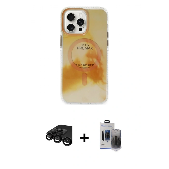 MARSİLYAN™- iPhone 15 Pro Max Kılıf Ufuk Doku Prime - Siyah Vanessa Magic Hayalet Cam + Raze Metal Kamera Lens - SH