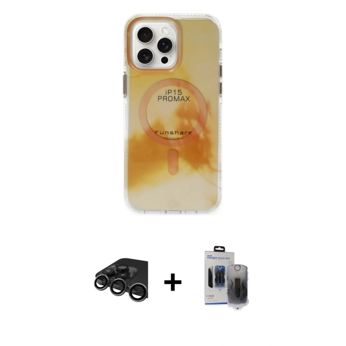 MARSİLYAN™- iPhone 15 Pro Max Kılıf Ufuk Doku Prime - Siyah Vanessa Magic Hayalet Cam + Titanyum Gri Raze Metal Kamera Lens