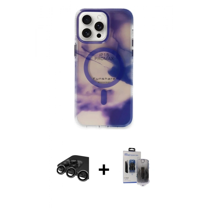 MARSİLYAN™- iPhone 15 Pro Max Kılıf Ufuk Doku Prime - Siyah Vanessa Magic Hayalet Cam + Titanyum Gri Raze Metal Kamera Lens