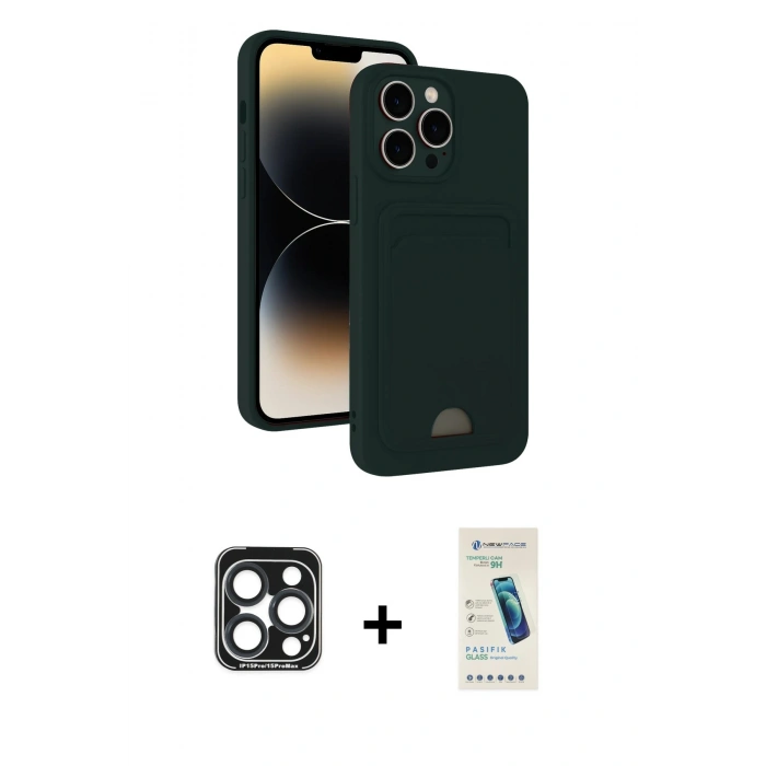 MARSİLYAN™- iPhone 15 Pro Max Kılıf Vadi Çizgi Prime - Şeffaf Pasifik Cam Ekran Koruyucu + PVD Metal Kamera Lens - LT