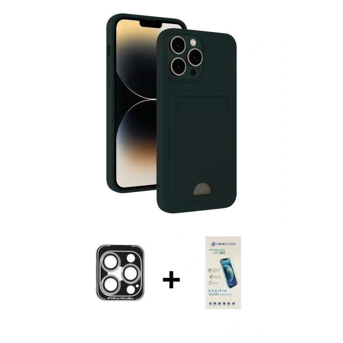 MARSİLYAN™- iPhone 15 Pro Max Kılıf Vadi Çizgi Prime - Şeffaf Pasifik Cam Ekran Koruyucu + PVD Metal Kamera Lens - GS
