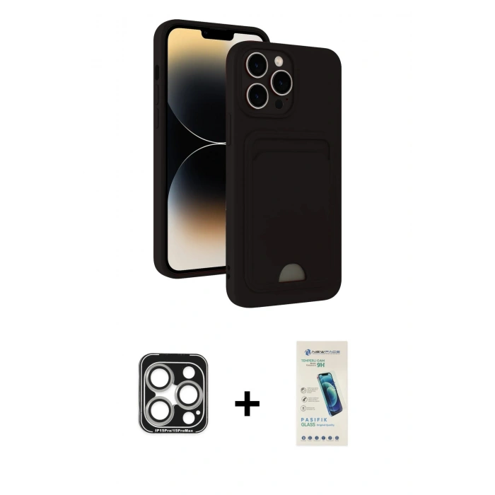 MARSİLYAN™- iPhone 15 Pro Max Kılıf Vadi Çizgi Prime - Şeffaf Pasifik Cam Ekran Koruyucu + PVD Metal Kamera Lens - GS