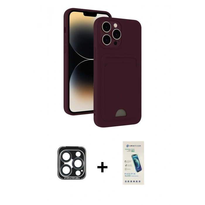MARSİLYAN™- iPhone 15 Pro Max Kılıf Vadi Çizgi Prime - Şeffaf Pasifik Cam Ekran Koruyucu + PVD Metal Kamera Lens - LT