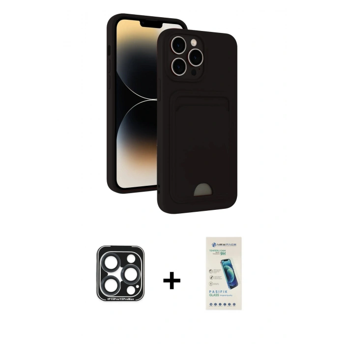 MARSİLYAN™- iPhone 15 Pro Max Kılıf Vadi Çizgi Prime - Şeffaf Pasifik Cam Ekran Koruyucu + PVD Metal Kamera Lens - LT