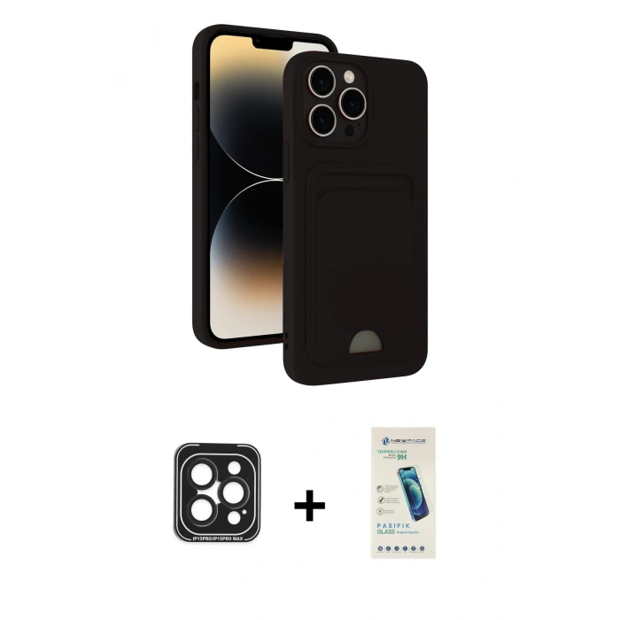 MARSİLYAN™- iPhone 15 Pro Max Kılıf Vadi Çizgi Prime - Şeffaf Pasifik Cam Ekran Koruyucu + PVD Metal Kamera Lens - SH