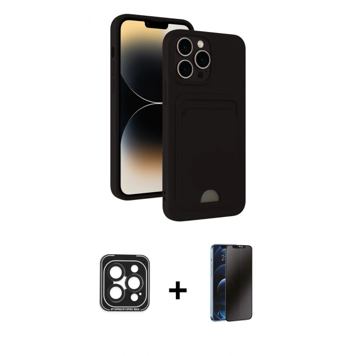 MARSİLYAN™- iPhone 15 Pro Max Kılıf Vadi Çizgi Prime - Siyah 3D Antistatik Hayalet Cam Ekran Koruyucu + PVD Metal Kamera Lens - SH