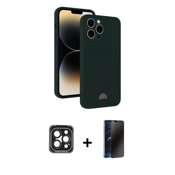 MARSİLYAN™- iPhone 15 Pro Max Kılıf Vadi Çizgi Prime - Siyah 3D Antistatik Hayalet Cam Ekran Koruyucu + PVD Metal Kamera Lens - SH
