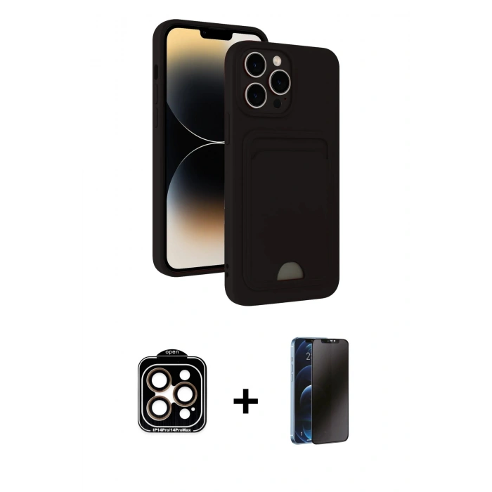 MARSİLYAN™- iPhone 15 Pro Max Kılıf Vadi Çizgi Prime - Siyah 3D Antistatik Hayalet Cam Ekran Koruyucu + PVD Metal Kamera Lens - TU