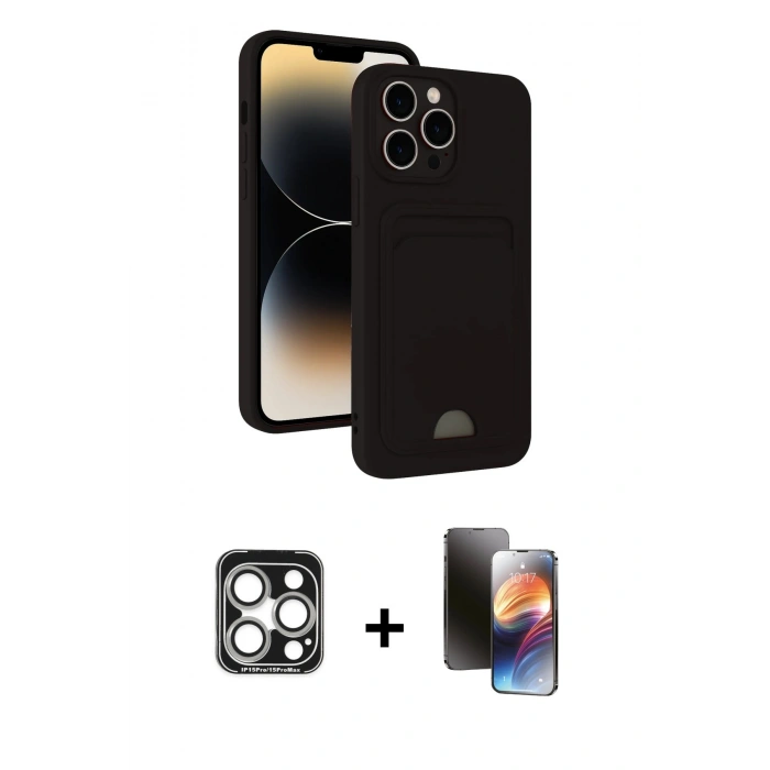 MARSİLYAN™- iPhone 15 Pro Max Kılıf Vadi Çizgi Prime - Siyah 3D Antistatik Mat Seramik Nano Ekran Koruyucu + PVD Metal Kamera Lens - GS
