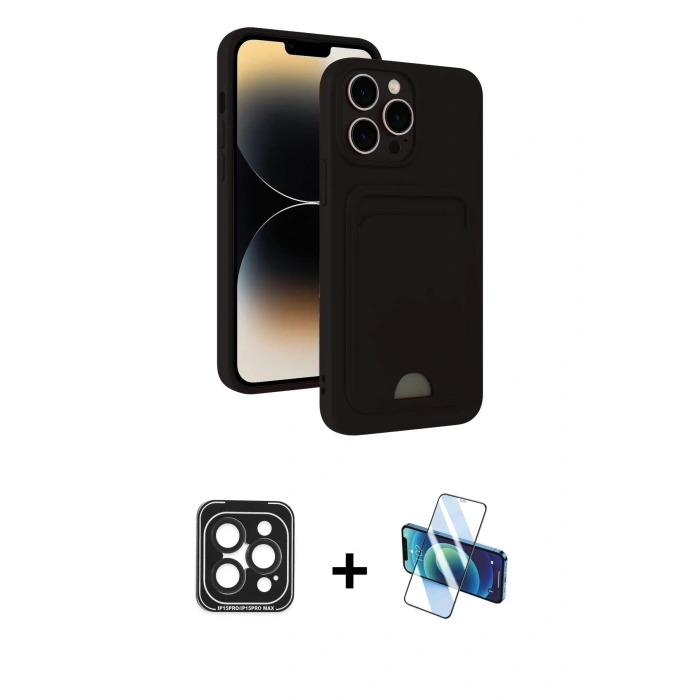 MARSİLYAN™- iPhone 15 Pro Max Kılıf Vadi Çizgi Prime - Siyah 3D Antistatik Seramik Nano Ekran Koruyucu + PVD Metal Kamera Lens - SH