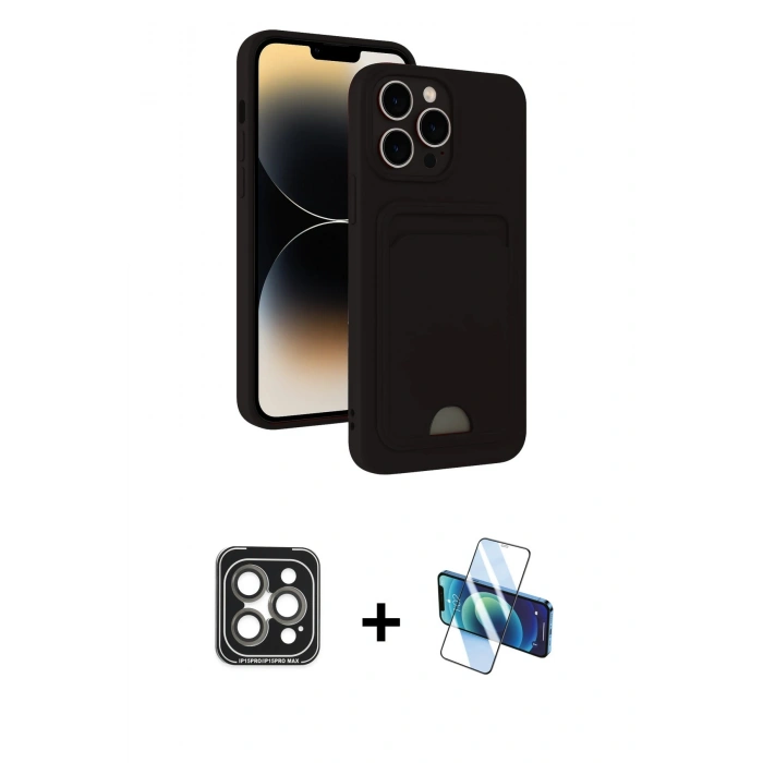 MARSİLYAN™- iPhone 15 Pro Max Kılıf Vadi Çizgi Prime - Siyah 3D Antistatik Seramik Nano Ekran Koruyucu + PVD Metal Kamera Lens - GI