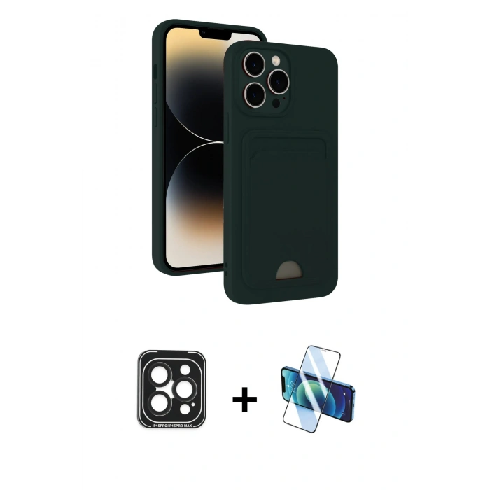 MARSİLYAN™- iPhone 15 Pro Max Kılıf Vadi Çizgi Prime - Siyah 3D Antistatik Seramik Nano Ekran Koruyucu + PVD Metal Kamera Lens - SH