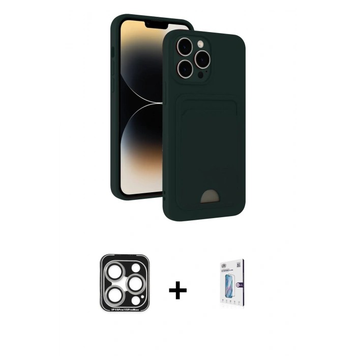 MARSİLYAN™- iPhone 15 Pro Max Kılıf Vadi Çizgi Prime - Siyah Bilvis 0.18mm Plus Cam Ekran Koruyucu + PVD Metal Kamera Lens - GS