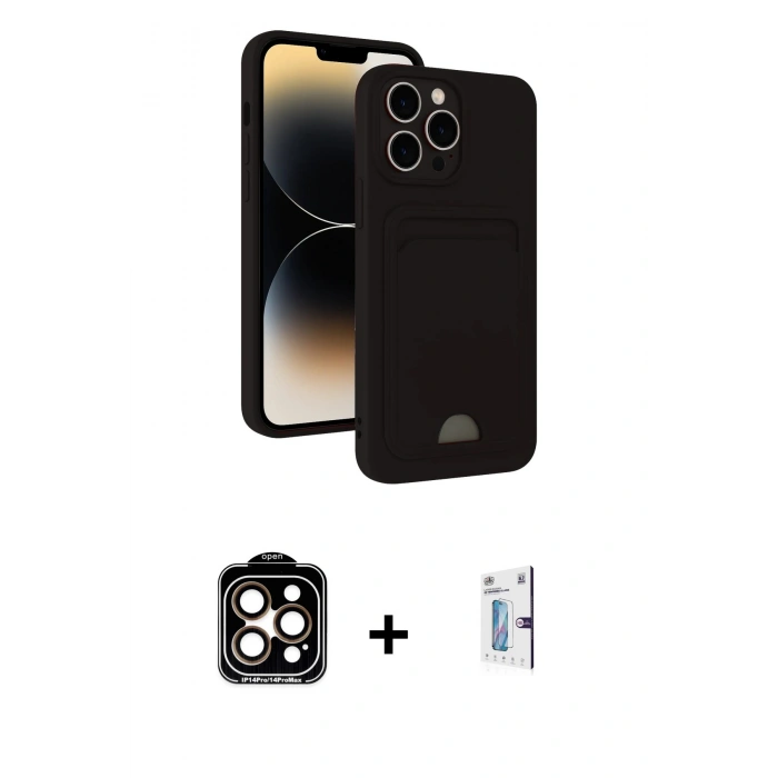 MARSİLYAN™- iPhone 15 Pro Max Kılıf Vadi Çizgi Prime - Siyah Bilvis 0.18mm Plus Cam Ekran Koruyucu + PVD Metal Kamera Lens - TU