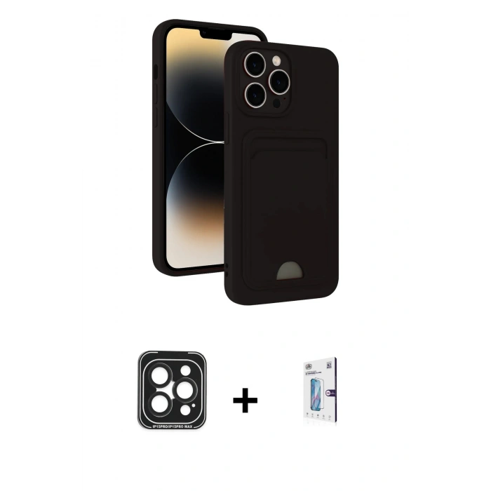 MARSİLYAN™- iPhone 15 Pro Max Kılıf Vadi Çizgi Prime - Siyah Bilvis 0.18mm Plus Cam Ekran Koruyucu + PVD Metal Kamera Lens - SH