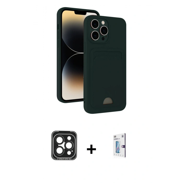 MARSİLYAN™- iPhone 15 Pro Max Kılıf Vadi Çizgi Prime - Siyah Bilvis 0.18mm Plus Cam Ekran Koruyucu + PVD Metal Kamera Lens - SH