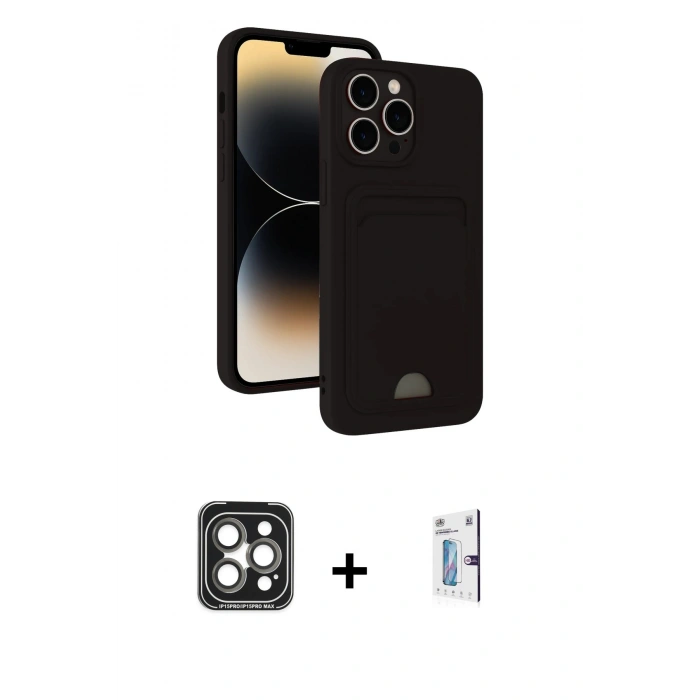 MARSİLYAN™- iPhone 15 Pro Max Kılıf Vadi Çizgi Prime - Siyah Bilvis 0.18mm Plus Cam Ekran Koruyucu + PVD Metal Kamera Lens - GI