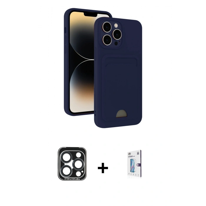 MARSİLYAN™- iPhone 15 Pro Max Kılıf Vadi Çizgi Prime - Siyah Bilvis 0.18mm Plus Cam Ekran Koruyucu + PVD Metal Kamera Lens - LT