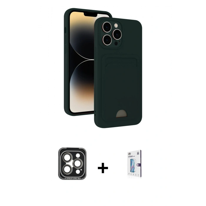 MARSİLYAN™- iPhone 15 Pro Max Kılıf Vadi Çizgi Prime - Siyah Bilvis 0.18mm Plus Cam Ekran Koruyucu + PVD Metal Kamera Lens - GI