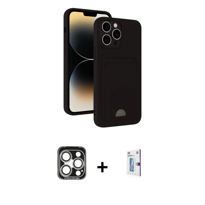 MARSİLYAN™- iPhone 15 Pro Max Kılıf Vadi Çizgi Prime - Siyah Bilvis 0.18mm Plus Cam Ekran Koruyucu + PVD Metal Kamera Lens - GS