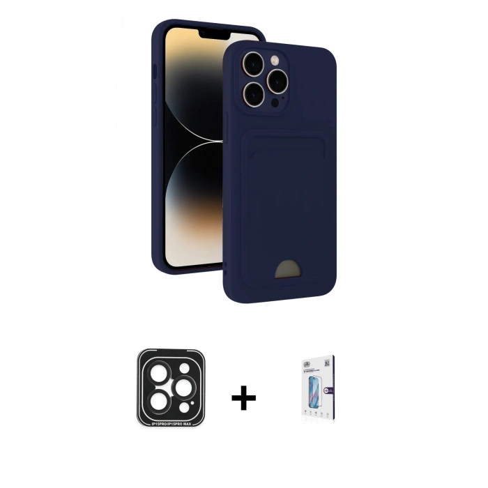 MARSİLYAN™- iPhone 15 Pro Max Kılıf Vadi Çizgi Prime - Siyah Bilvis 0.18mm Plus Cam Ekran Koruyucu + PVD Metal Kamera Lens - SH