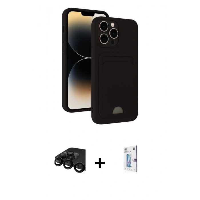MARSİLYAN™- iPhone 15 Pro Max Kılıf Vadi Çizgi Prime - Siyah Bilvis 0.18mm Plus Cam Ekran Koruyucu + Raze Metal Kamera Lens - SH