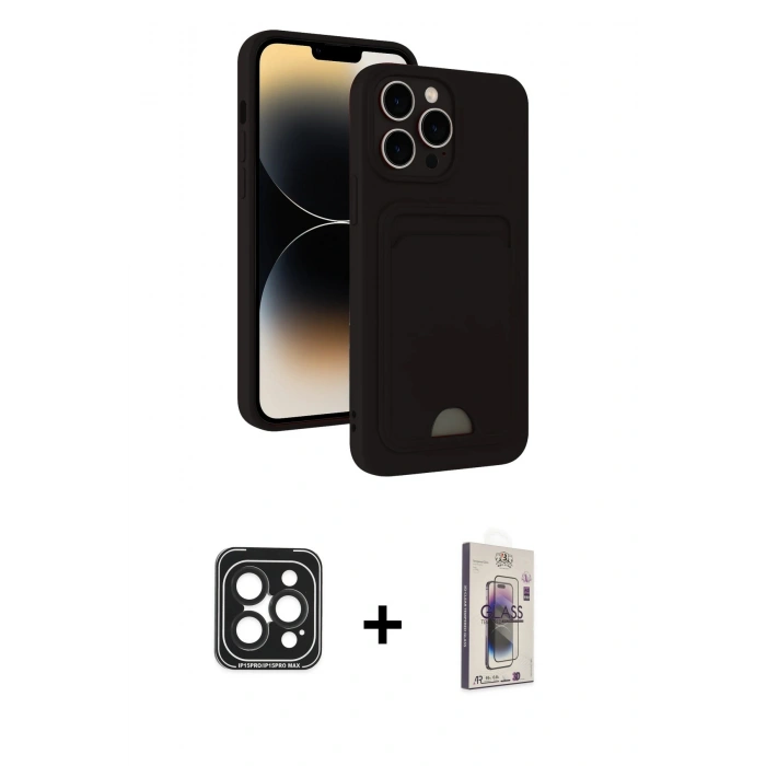 MARSİLYAN™- iPhone 15 Pro Max Kılıf Vadi Çizgi Prime - Siyah Bilvis 3D Cam Ekran Koruyucu + PVD Metal Kamera Lens - SH